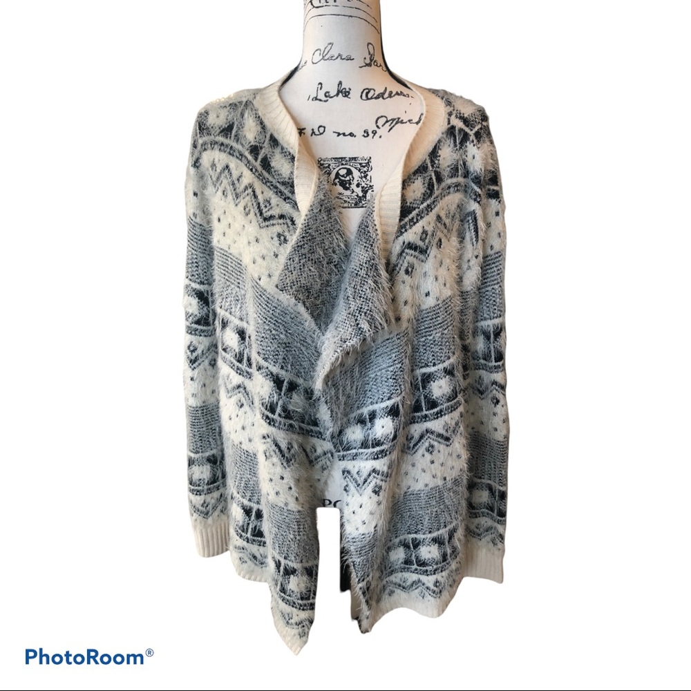 Cirana Fuzzy Soft Black & White Open Front Cardigan Sweater